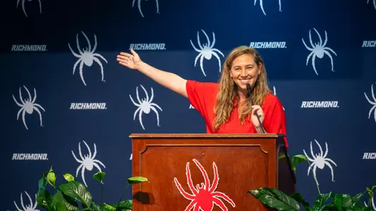 Katherine Bulifant gestures while at the podium during the Hall of Fame Ceremony