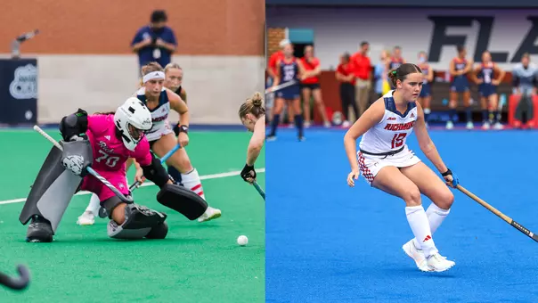Split action shot: goalkeeper Amanda Cimillo and defender Amy Stripling