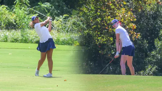 Side-by-side action shots of Maya Beasley and Addie Doroh golfing