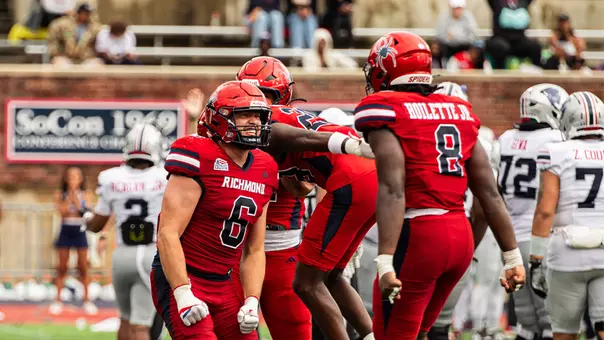 Cam Byrd celebrates a sack with teammate Donovan Hoilette against Howard on Sept. 27, 2025