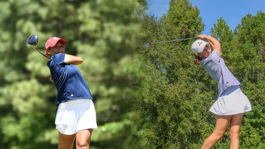 Side-by-side images of Maya Beasley and Stella Moritz hitting tee shots