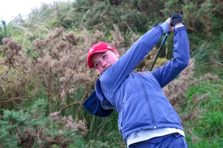 Carter Bransford hits a driver from the teebox