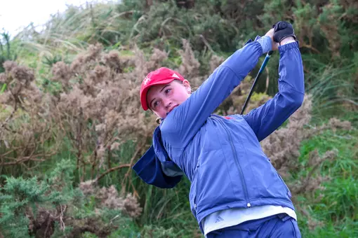 Carter Bransford hits a driver from the teebox
