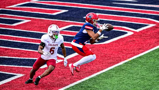 Jaiden Fair catches a touchdown pass against Colgate on Oct. 24, 2026