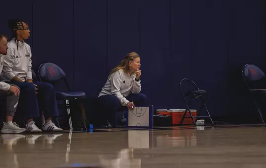 WBB head coach Alisa Kresge watches the play develop down court during a scrimmage