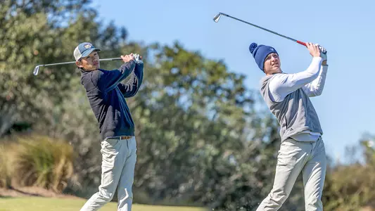 A dual image of Tyler Lee and Tommy Sharps hitting side-by-side golf shots