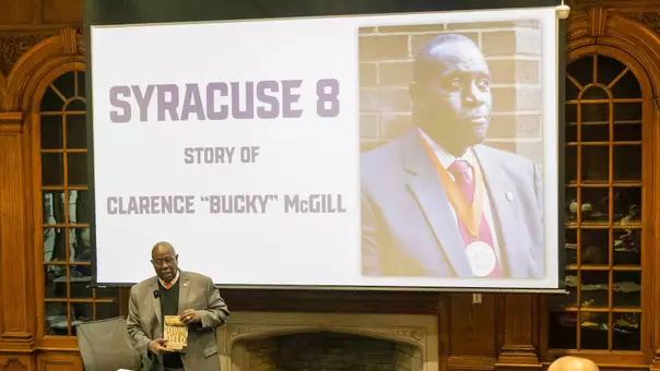 Clarence "Bucky" McGill speaking in Dialogue Series in celebration of Black History Month