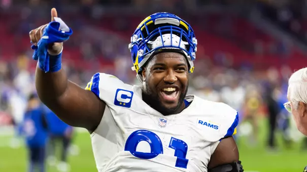 Kobie Turner celebrates following a win with the LA Rams