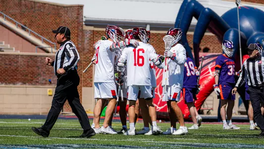 Richmond men's lacrosse celebrates a goal against Hobart on March 28, 2026