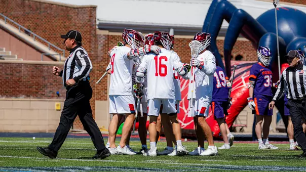 Richmond men's lacrosse celebrates a goal against Hobart on March 28, 2026
