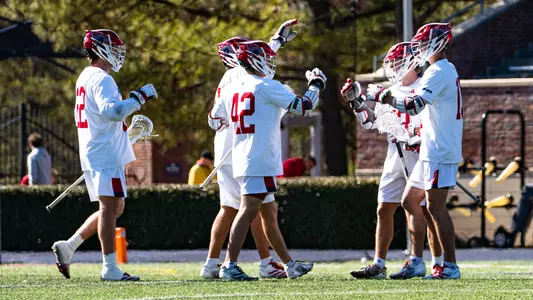 The Richmond men's lacrosse team celebrates a goal against Hobart on Match 28, 2026