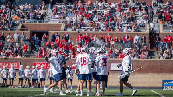 The Richmond men's lacrosse team celebrates a goal against Virginia on Feb. 14, 2026