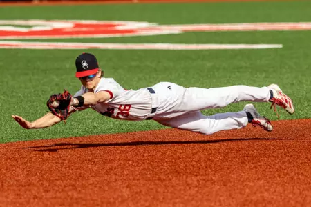 Noah Haught makes the diving catch in the infield at Pitt Field
