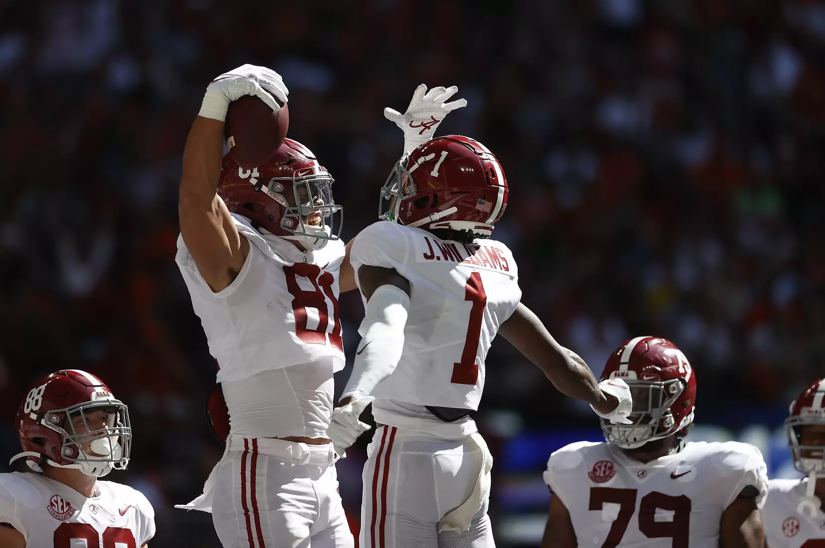 9/4/21 MFB Alabama vs Miami
Alabama tight end Cameron Latu (81)
Alabama wide receiver Jameson Williams (1)
Photo by Crimson Tide Photos