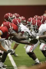 The Tide held football practice in the Hank Crisp Indoor Facility Saturday.