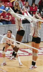 Senior Brooks Webster (middle) had four blocks Sunday against Georgia