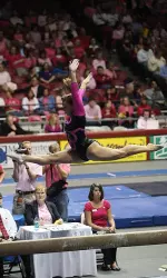 Freshman Geralen Stack-Eaton is tied with junior Ricki Lebegern for 13th on the balance beam.