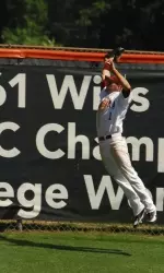 Taylor Dugas makes a leaping catch at the wall in left field at the 2009 NCAA Baseball Clemson Regional.
