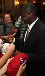 Head coach Nick Saban and pre-season All-SEC selections, junior LB Rolando McClain (pictured above) and senior OL Mike Johnson, will make the rounds giving interviews to both local and national media in anticipation of the upcoming season.