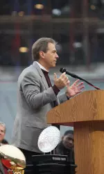 Coach Saban addresses the crowd at the ceremonies.