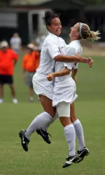 Kendall Khanna and Rosaly Petriello celebrate the game-winning goal.