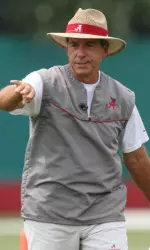 Alabama head coach Nick Saban at work on the practice field.