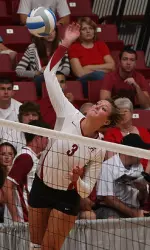 Calli Johnson had four kills and three blocks in the loss to the Rebels.