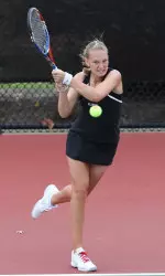 Antonia Foehse (pictured) and Mary Anne Macfarlane battled to win their doubles match against the top-ranked Gators.