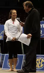 Senior Kayla Hoffman talks to SEC Championships announcer Dave Baker prior to the draw.
