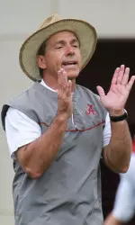 Alabama head coach Nick Saban giving instruction during practice on Wednesday.