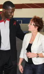 The back-to-back NCAA Gymnastics Champion Alabama Crimson Tide were visited by Crimson Tide basketball coach Anthony Grant, along with players Rodney Cooper and Levi Randolph.