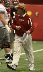 Head coach Nick Saban's team moved inside during to thunderstroms on Monday.
