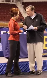 The SEC's Dave Baker interviews Sarah Patterson during the practice day.