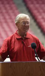 Joe Gibbs spoke to the Alabama Coaching Clinic prior to the start of practice on Friday.