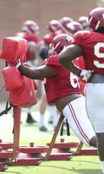 The Alabama defensive line at work on Wednesday in full pads.