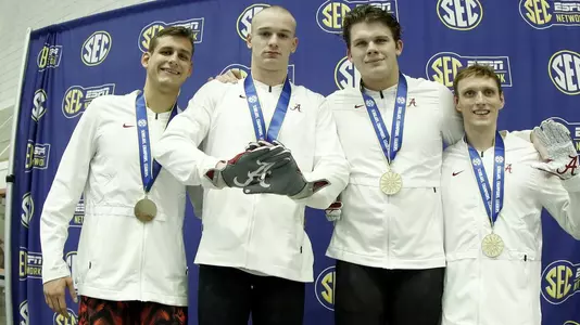 2/20/19 MWSD SEC TournamentAlabama junior swimmer Zane WaddellAlabama sophomore swimmer Sam DiSetteAlabama sophomore swimmer Jack BlakeAlabama senior swimmer Robert HowardPhoto by Robert Sutton