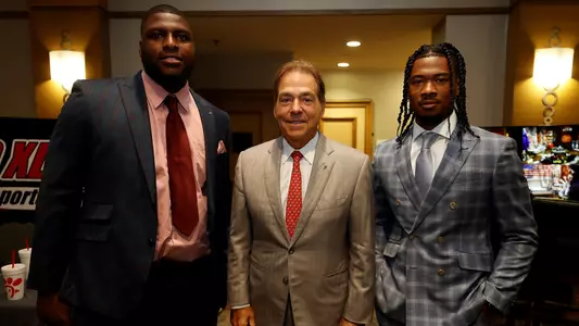 7/21/21 MFB Sec Media DaysAlabama defensive lineman Phidarian Mathis (48) Alabama Head Coach Nick Saban Alabama wide receiver John Metchie III (8) Photo by Kent Gidley