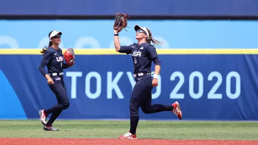 Haylie McCleney catches a fly ball at the Tokyo Olympics