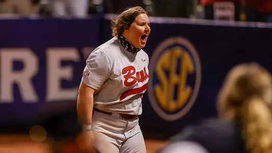 Bailey Hemphill celebrates after hitting a home run vs. Tennessee at the 2021 SEC Softball Tournament