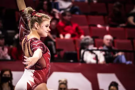 Mati Waligora on the balance beam at Oklahoma
