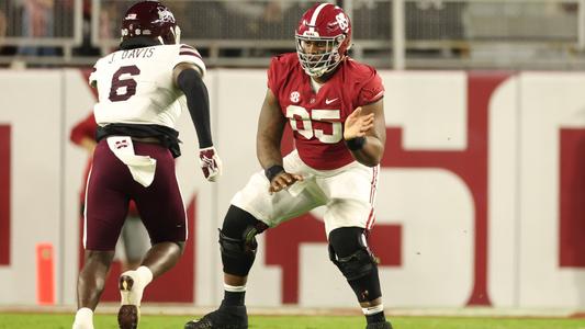 Alabama offensive lineman JC Latham (65)  against Mississippi State at Bryant Denny Stadium in Tuscaloosa, AL on Saturday, Oct 22, 2022.