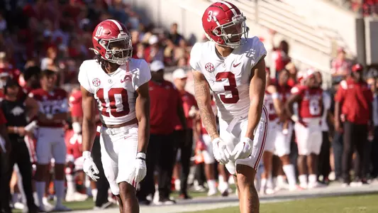 10/1/22 MFB Alabama vs ArkanasAlabama wide receiver JoJo Earle (10)Alabama wide receiver Jermaine Burton (3)Photo by Kent Gidley