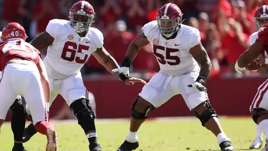 10/1/22 MFB Alabama vs ArkanasAlabama offensive lineman JC Latham (65)Alabama offensive lineman Emil Ekiyor Jr. (55)Photo by Kent Gidley