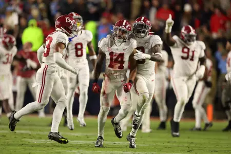 \\ celebrates a game winning pass defense against Ole Mississippi at Vaught-Hemingway Stadium in Oxford, MS on Saturday, Nov 12, 2022.