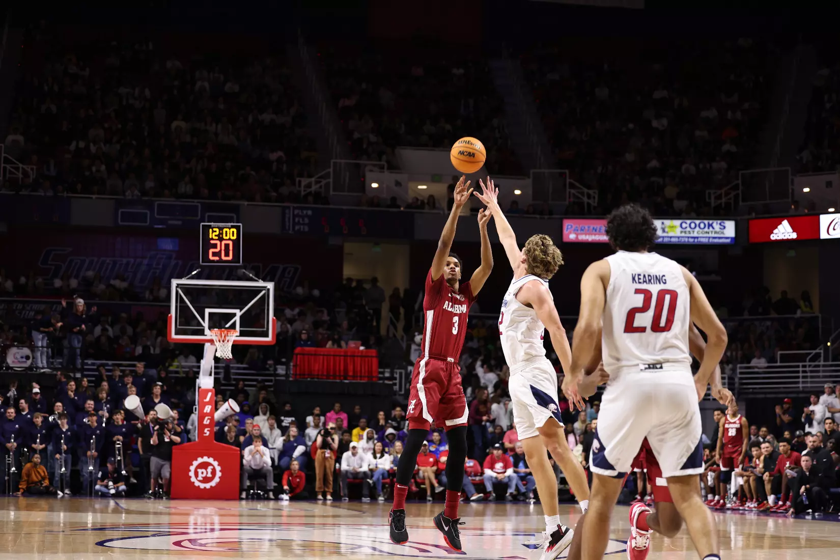 Alabama Guard Rylan Griffen (3) shoots a three against South Alabama at Mithell Center in Mobile, AL on Tuesday, Nov 15, 2022.