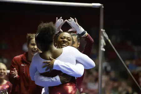 Alabama gymnast Sania Mitchell celebrates during the Crimson\White Preview Night at Coleman Coliseum in Tuscaloosa, AL on Friday, Dec 16, 2022.