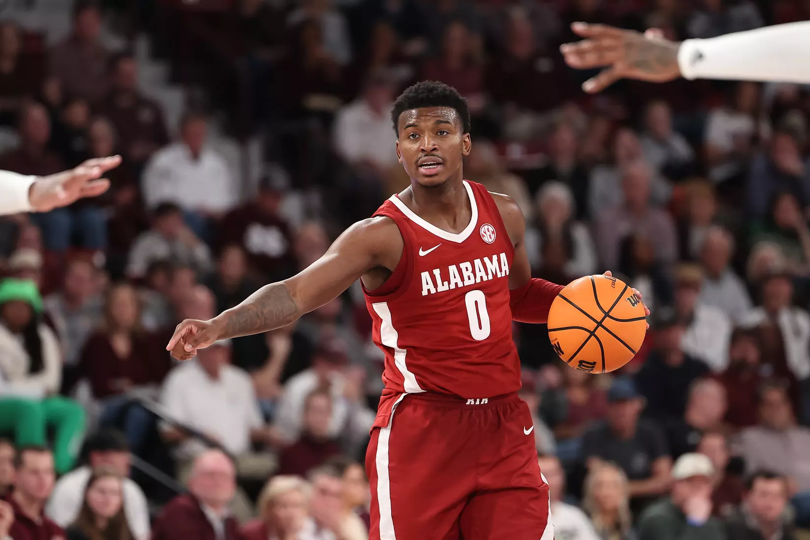 Alabama Guard Jaden Bradley (0) signals against Mississippi State at Humphrey Coliseum in Starkville, MS on Wednesday, Dec 28, 2022.