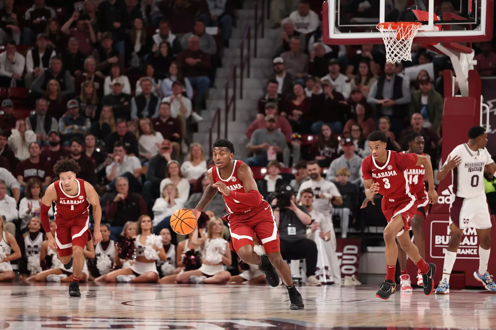 Alabama Guard Jaden Bradley (0) dribbles the ball against Mississippi State at Humphrey Coliseum in Starkville, MS on Wednesday, Dec 28, 2022.