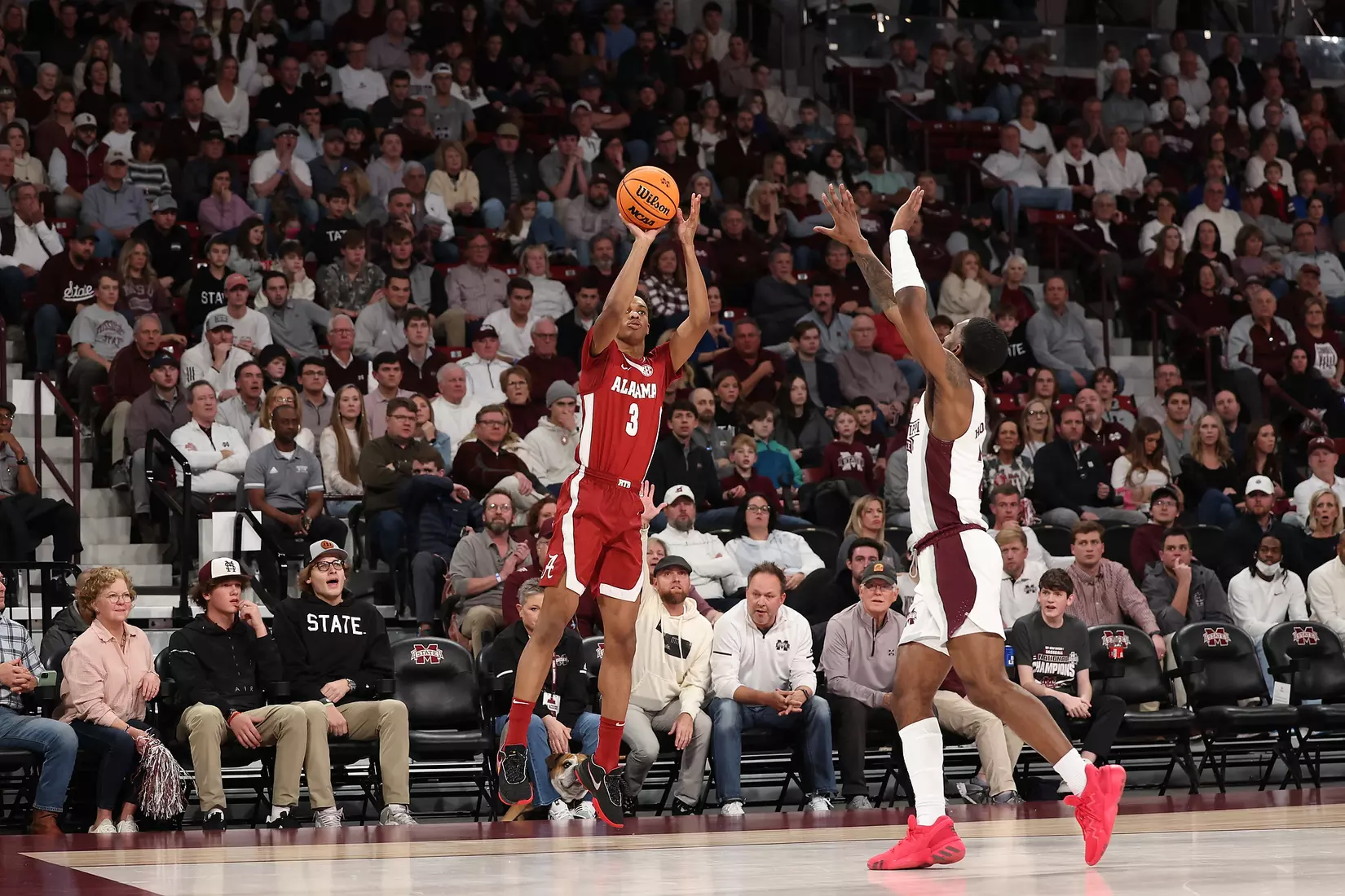 Alabama Guard Rylan Griffen (3) shoots a three against Mississippi State at Humphrey Coliseum in Starkville, MS on Wednesday, Dec 28, 2022.