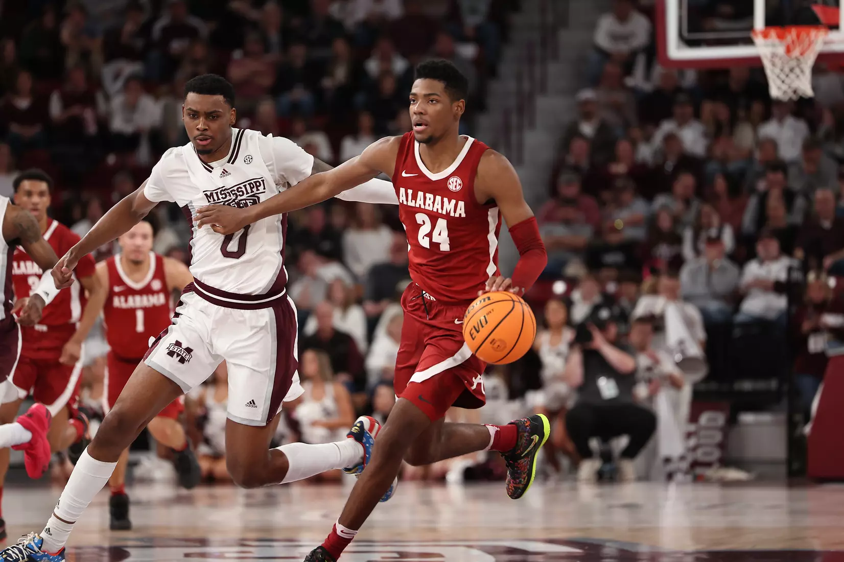 Alabama Forward Brandon Miller (24) dribbles the ball against Mississippi State at Humphrey Coliseum in Starkville, MS on Wednesday, Dec 28, 2022.